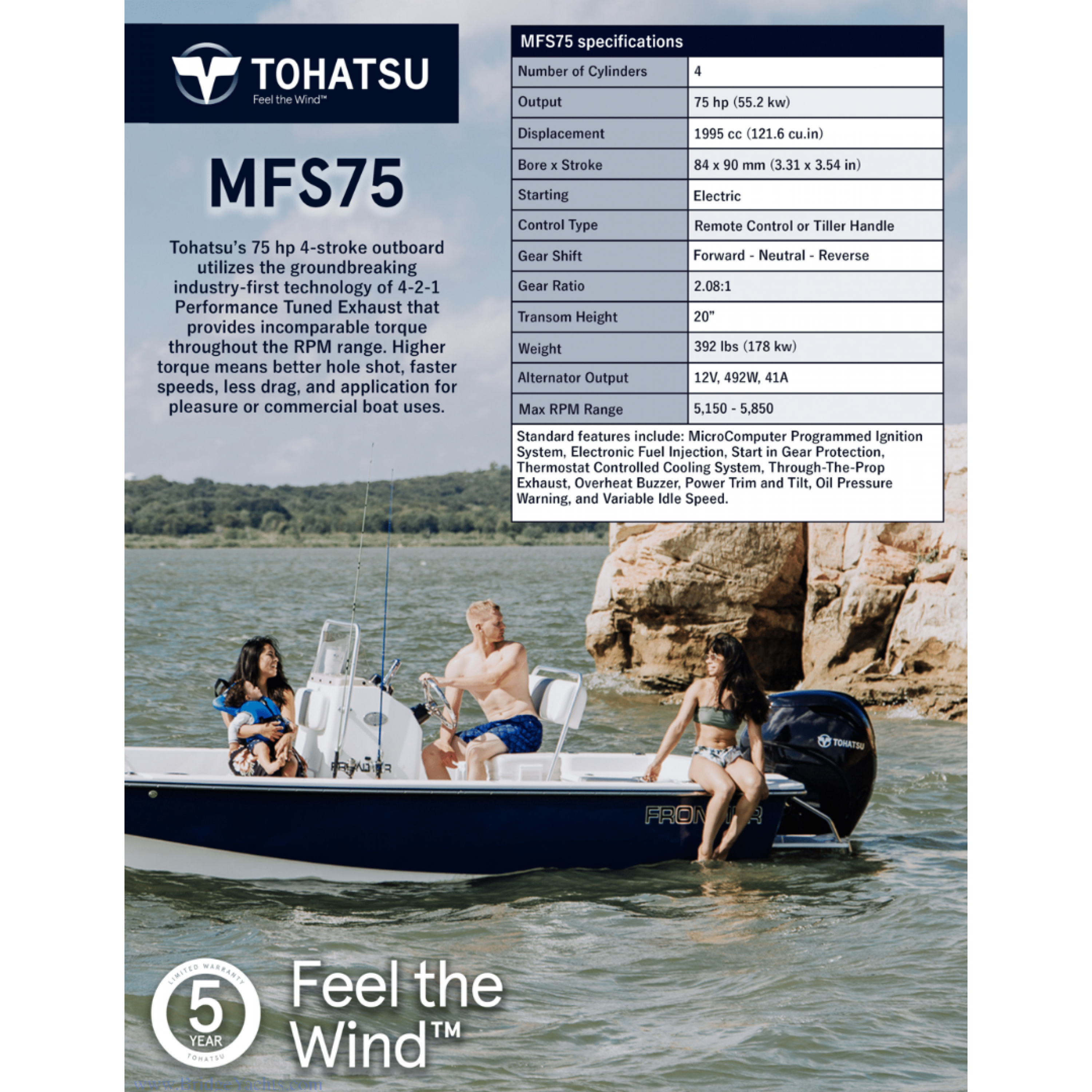 75 HP, TOHATSU OUTBOARD, MFS75AETL, EFI, 20, ELEC START, PTT,  PROP AND CONTROLS SOLD SEPARATELY